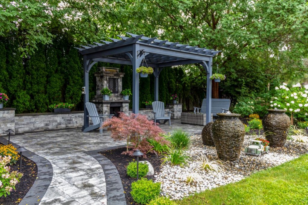 Remodeled backyard patio with pergola